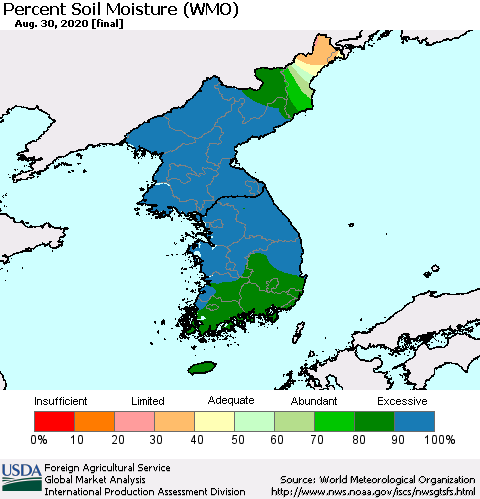 Korea Percent Soil Moisture (WMO) Thematic Map For 8/24/2020 - 8/30/2020