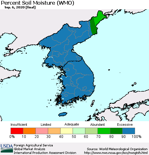 Korea Percent Soil Moisture (WMO) Thematic Map For 8/31/2020 - 9/6/2020