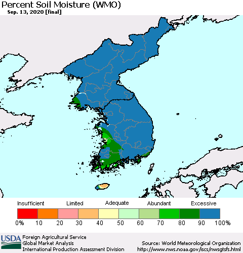 Korea Percent Soil Moisture (WMO) Thematic Map For 9/7/2020 - 9/13/2020