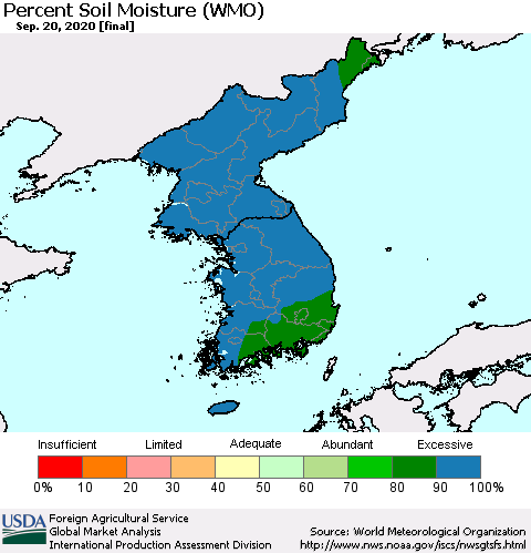 Korea Percent Soil Moisture (WMO) Thematic Map For 9/14/2020 - 9/20/2020