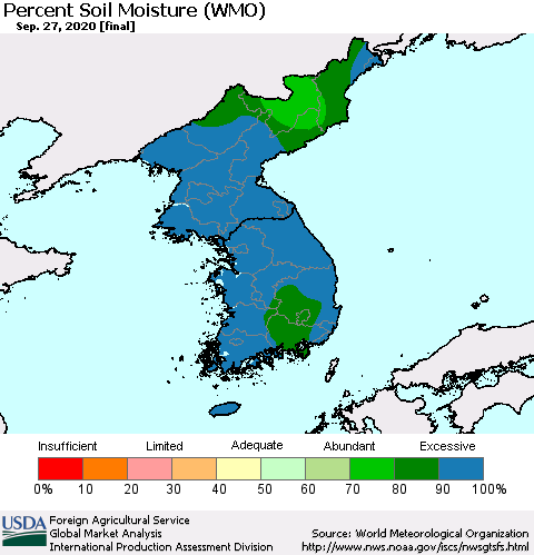 Korea Percent Soil Moisture (WMO) Thematic Map For 9/21/2020 - 9/27/2020