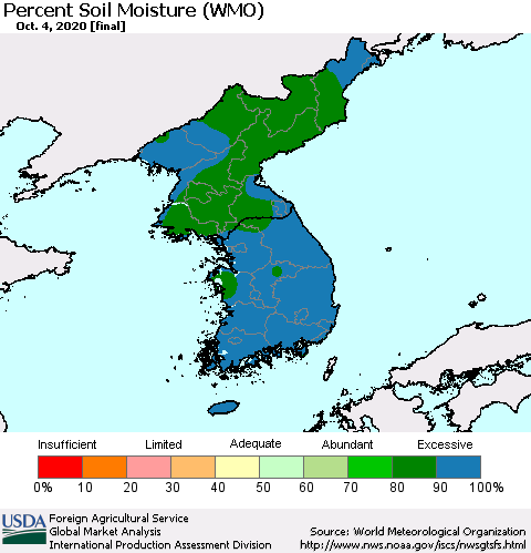 Korea Percent Soil Moisture (WMO) Thematic Map For 9/28/2020 - 10/4/2020