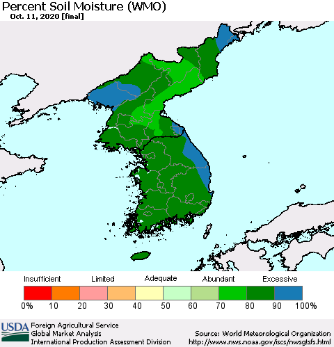 Korea Percent Soil Moisture (WMO) Thematic Map For 10/5/2020 - 10/11/2020