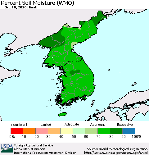 Korea Percent Soil Moisture (WMO) Thematic Map For 10/12/2020 - 10/18/2020