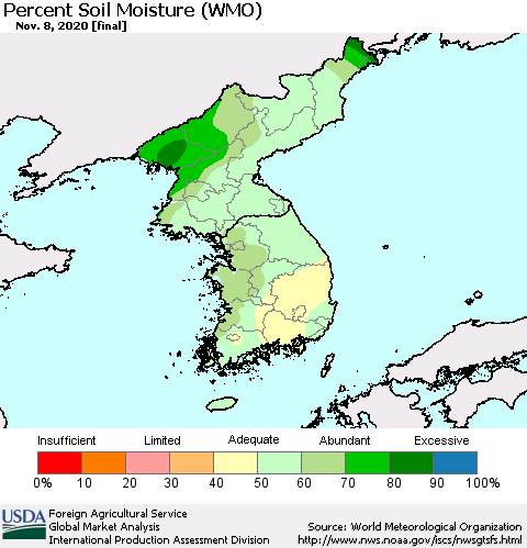 Korea Percent Soil Moisture (WMO) Thematic Map For 11/2/2020 - 11/8/2020