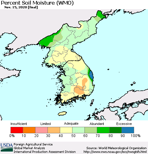 Korea Percent Soil Moisture (WMO) Thematic Map For 11/9/2020 - 11/15/2020