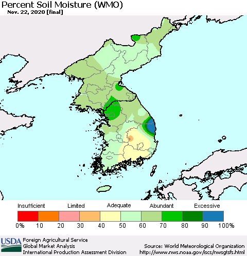 Korea Percent Soil Moisture (WMO) Thematic Map For 11/16/2020 - 11/22/2020