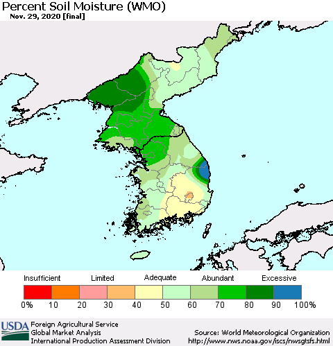 Korea Percent Soil Moisture (WMO) Thematic Map For 11/23/2020 - 11/29/2020