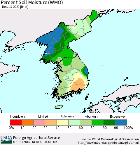 Korea Percent Soil Moisture (WMO) Thematic Map For 12/7/2020 - 12/13/2020
