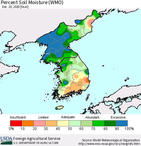 Korea Percent Soil Moisture (WMO) Thematic Map For 12/14/2020 - 12/20/2020