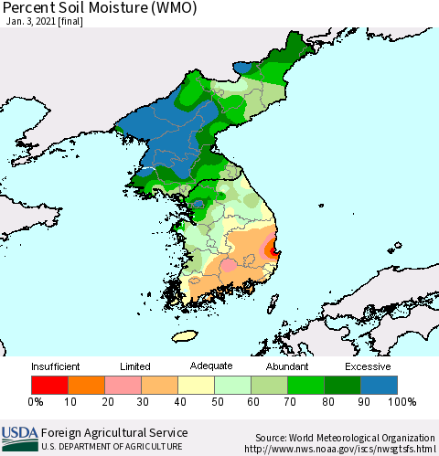 Korea Percent Soil Moisture (WMO) Thematic Map For 12/28/2020 - 1/3/2021