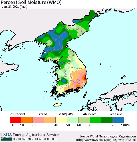 Korea Percent Soil Moisture (WMO) Thematic Map For 1/18/2021 - 1/24/2021