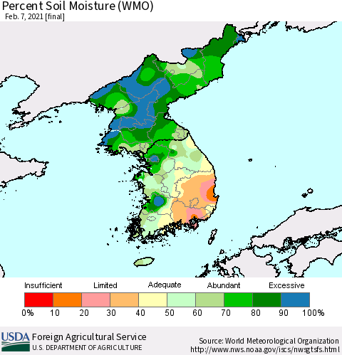 Korea Percent Soil Moisture (WMO) Thematic Map For 2/1/2021 - 2/7/2021