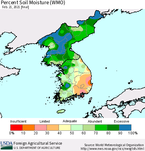 Korea Percent Soil Moisture (WMO) Thematic Map For 2/15/2021 - 2/21/2021