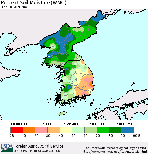 Korea Percent Soil Moisture (WMO) Thematic Map For 2/22/2021 - 2/28/2021