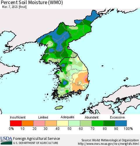 Korea Percent Soil Moisture (WMO) Thematic Map For 3/1/2021 - 3/7/2021