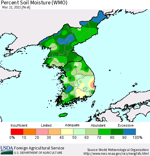 Korea Percent Soil Moisture (WMO) Thematic Map For 3/15/2021 - 3/21/2021