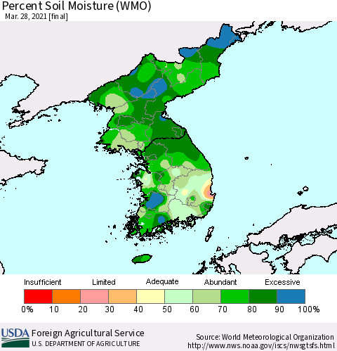 Korea Percent Soil Moisture (WMO) Thematic Map For 3/22/2021 - 3/28/2021