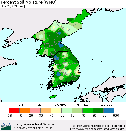 Korea Percent Soil Moisture (WMO) Thematic Map For 4/19/2021 - 4/25/2021