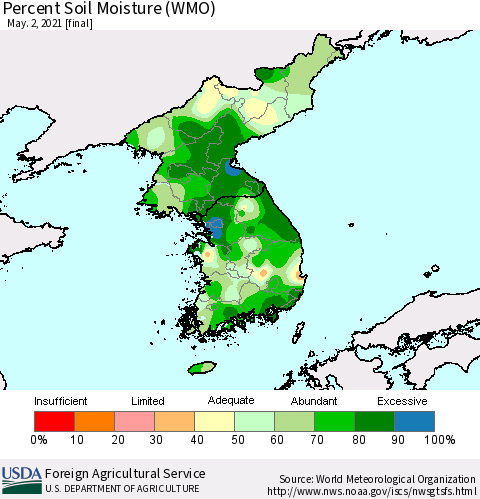 Korea Percent Soil Moisture (WMO) Thematic Map For 4/26/2021 - 5/2/2021