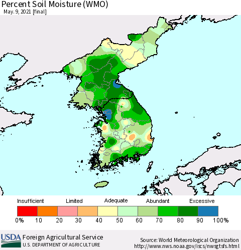 Korea Percent Soil Moisture (WMO) Thematic Map For 5/3/2021 - 5/9/2021
