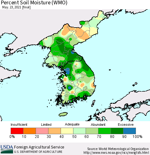 Korea Percent Soil Moisture (WMO) Thematic Map For 5/17/2021 - 5/23/2021