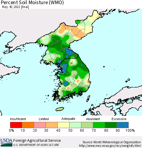 Korea Percent Soil Moisture (WMO) Thematic Map For 5/24/2021 - 5/30/2021