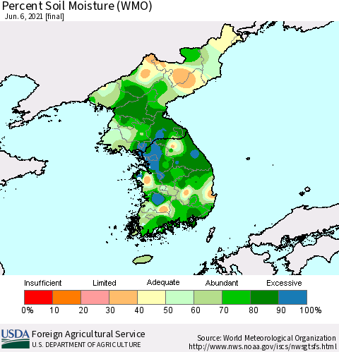 Korea Percent Soil Moisture (WMO) Thematic Map For 5/31/2021 - 6/6/2021