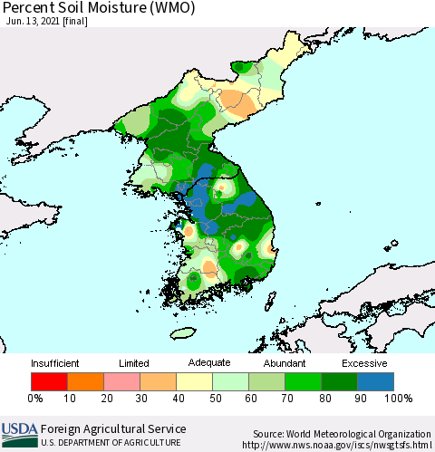 Korea Percent Soil Moisture (WMO) Thematic Map For 6/7/2021 - 6/13/2021