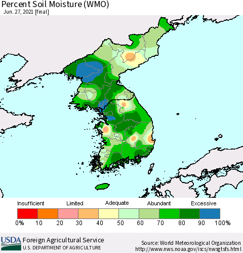 Korea Percent Soil Moisture (WMO) Thematic Map For 6/21/2021 - 6/27/2021
