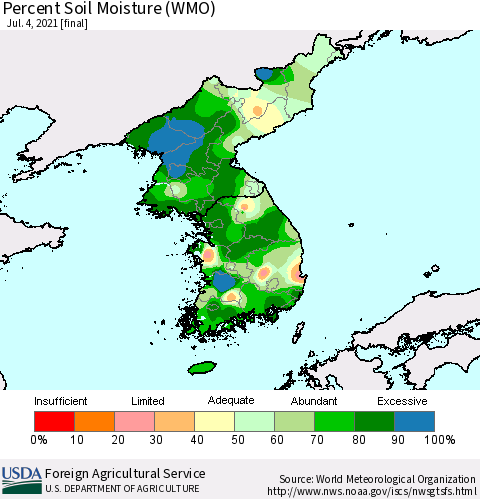 Korea Percent Soil Moisture (WMO) Thematic Map For 6/28/2021 - 7/4/2021