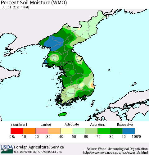Korea Percent Soil Moisture (WMO) Thematic Map For 7/5/2021 - 7/11/2021