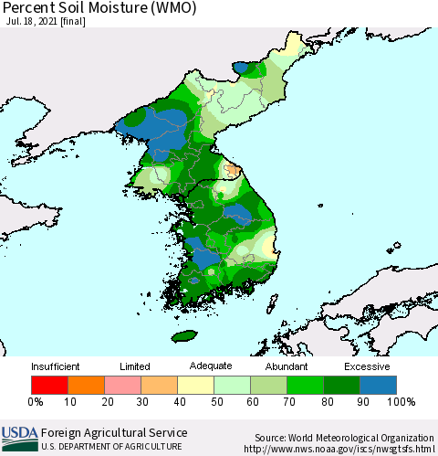 Korea Percent Soil Moisture (WMO) Thematic Map For 7/12/2021 - 7/18/2021