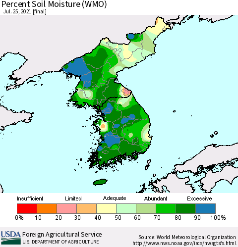 Korea Percent Soil Moisture (WMO) Thematic Map For 7/19/2021 - 7/25/2021