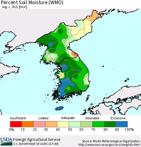 Korea Percent Soil Moisture (WMO) Thematic Map For 7/26/2021 - 8/1/2021