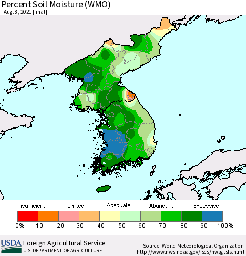 Korea Percent Soil Moisture (WMO) Thematic Map For 8/2/2021 - 8/8/2021