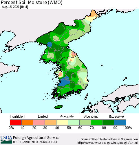 Korea Percent Soil Moisture (WMO) Thematic Map For 8/9/2021 - 8/15/2021
