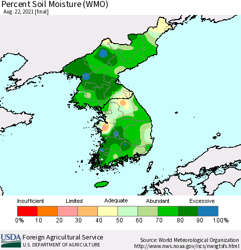 Korea Percent Soil Moisture (WMO) Thematic Map For 8/16/2021 - 8/22/2021