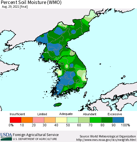 Korea Percent Soil Moisture (WMO) Thematic Map For 8/23/2021 - 8/29/2021