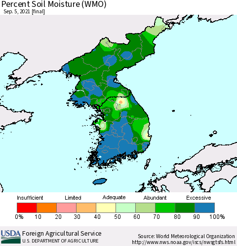 Korea Percent Soil Moisture (WMO) Thematic Map For 8/30/2021 - 9/5/2021