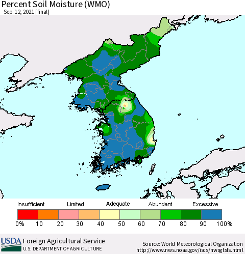 Korea Percent Soil Moisture (WMO) Thematic Map For 9/6/2021 - 9/12/2021