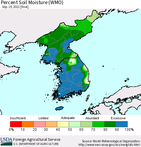 Korea Percent Soil Moisture (WMO) Thematic Map For 9/13/2021 - 9/19/2021