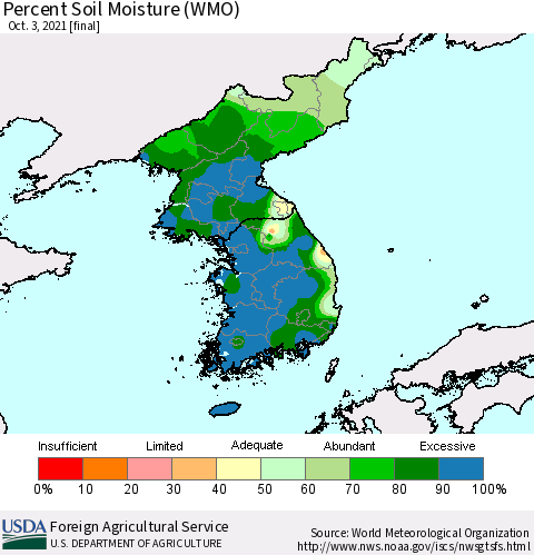Korea Percent Soil Moisture (WMO) Thematic Map For 9/27/2021 - 10/3/2021