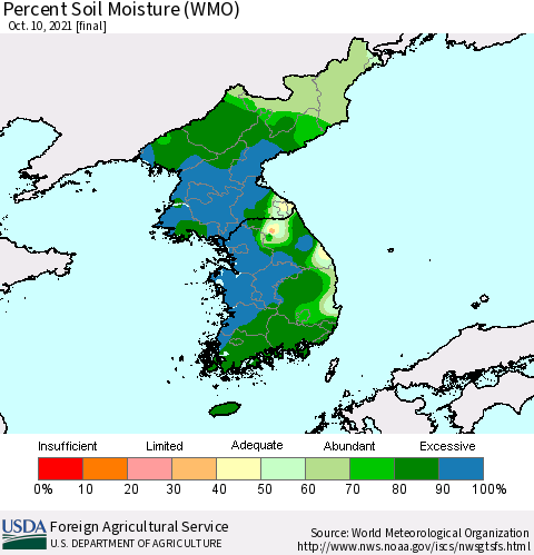 Korea Percent Soil Moisture (WMO) Thematic Map For 10/4/2021 - 10/10/2021