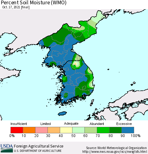 Korea Percent Soil Moisture (WMO) Thematic Map For 10/11/2021 - 10/17/2021