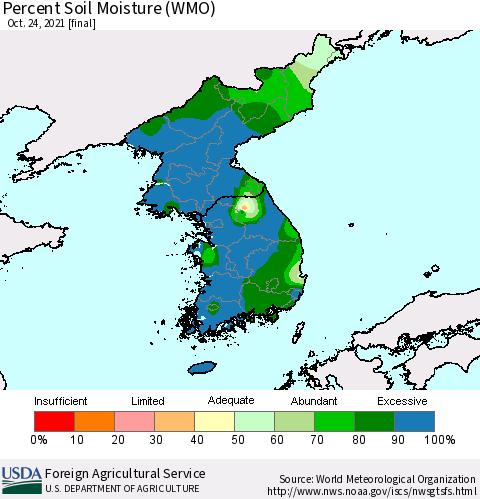 Korea Percent Soil Moisture (WMO) Thematic Map For 10/18/2021 - 10/24/2021