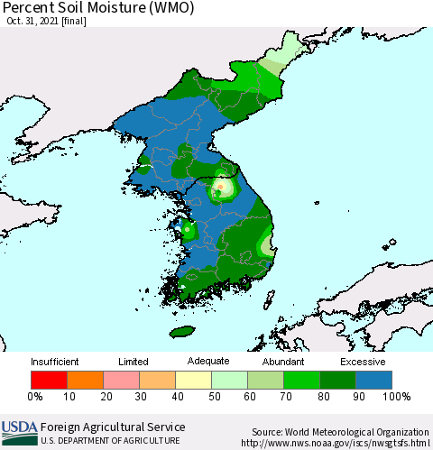 Korea Percent Soil Moisture (WMO) Thematic Map For 10/25/2021 - 10/31/2021