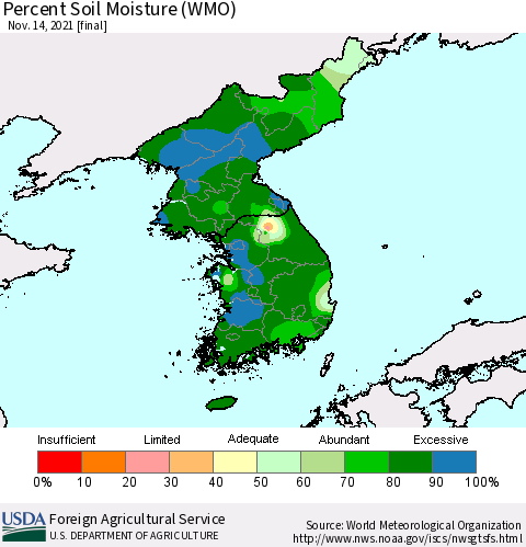 Korea Percent Soil Moisture (WMO) Thematic Map For 11/8/2021 - 11/14/2021