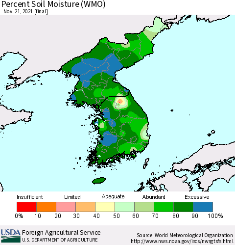 Korea Percent Soil Moisture (WMO) Thematic Map For 11/15/2021 - 11/21/2021