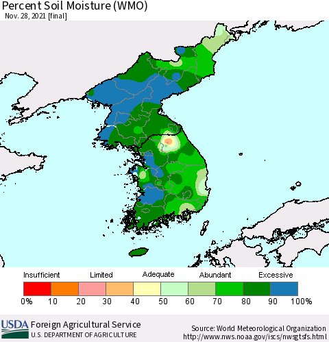 Korea Percent Soil Moisture (WMO) Thematic Map For 11/22/2021 - 11/28/2021